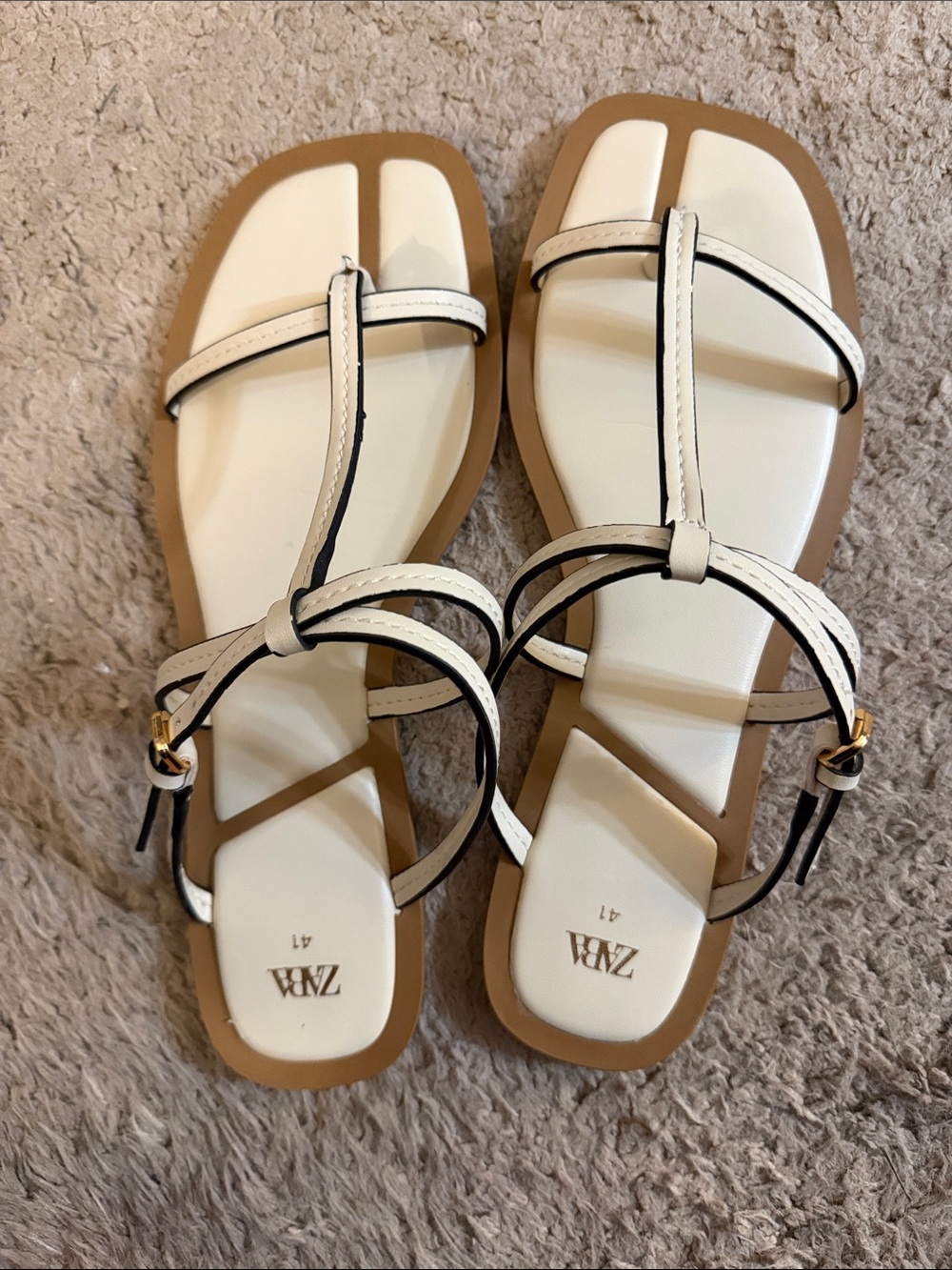 ZARA White & Tan T-Strap Flat Sandals- Women’s EU41, US 10/10.5